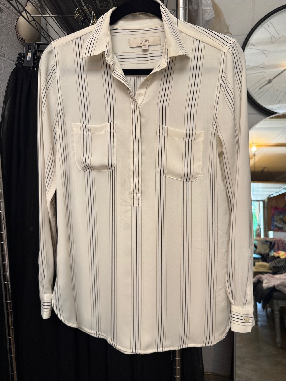 LOFT Cream Blouse with Black Horizontal Stripes